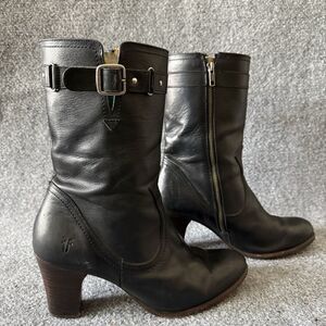 Frye Fiona Black Leather Mid Calf Moto Riding Boots Chunky Stacked Heel Size 10B